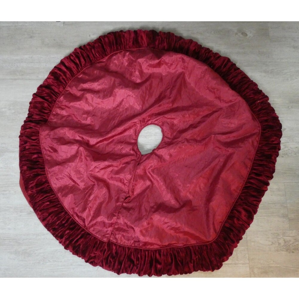 VTG Stratford Home Red Velvet & Satin Christmas Tree Skirt Ruffle 55"x22"